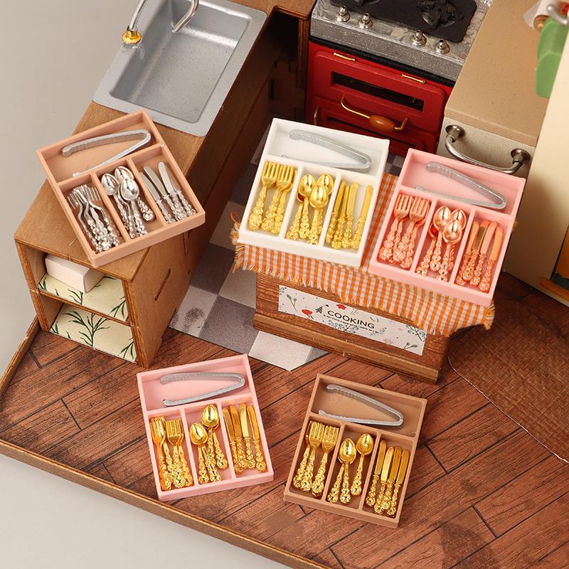 1Set 1:12 Dollhouse Mini Knife Fork Spoon Clips Tableware With Storage Box Dollhouse Kitchen Supplies Utensils Decor Accessories