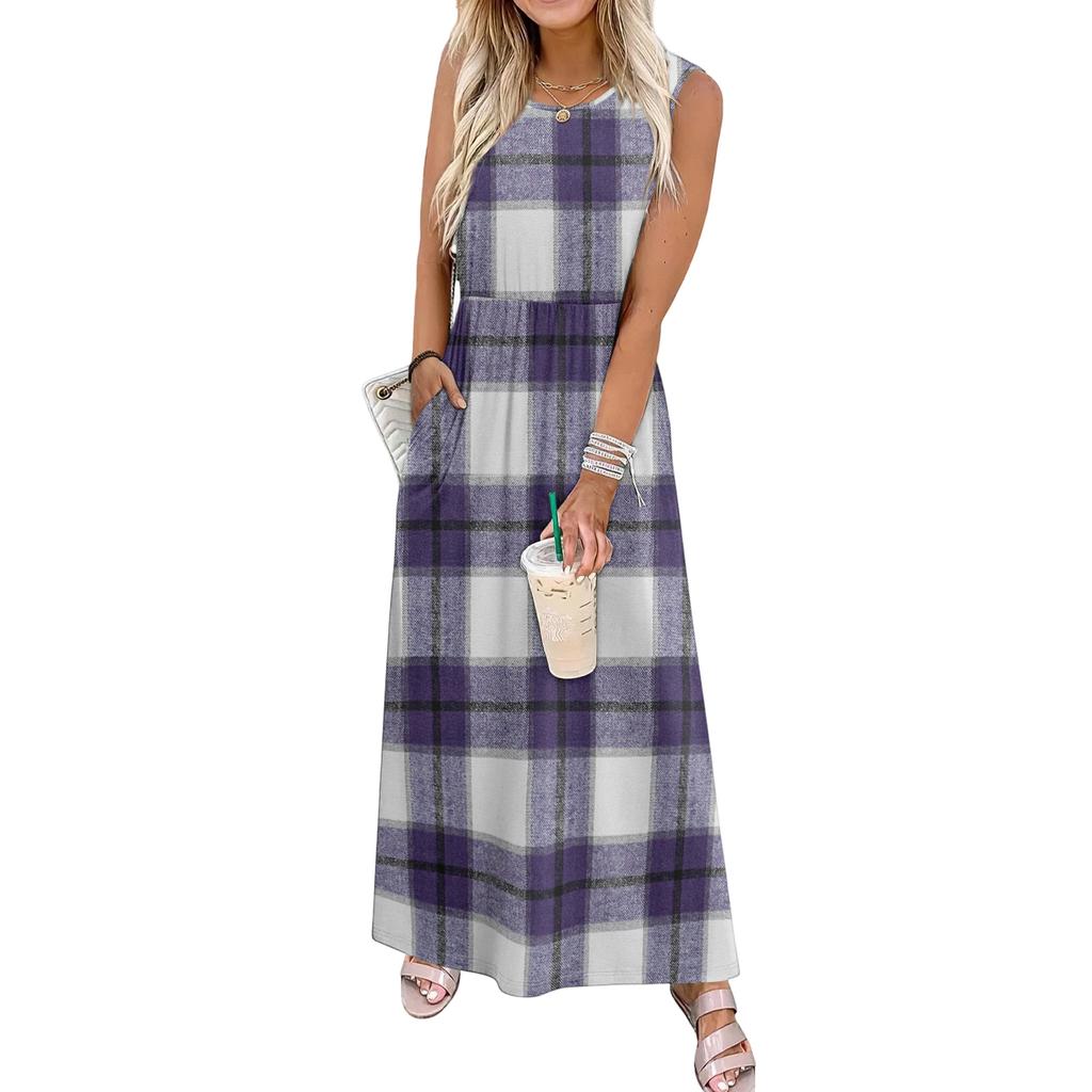 Ladies' Plaid Printed Casual and Fashionable Waist Cinched Sleeveless Dress