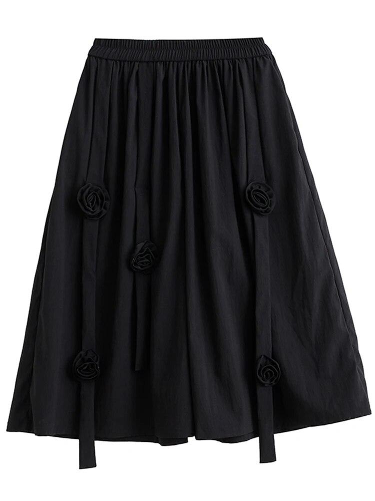 XITAO Black Casual Wide Leg Pants Personality Three-dimensional Flower Splicing Decoration Women Pants Summer New LYD1890