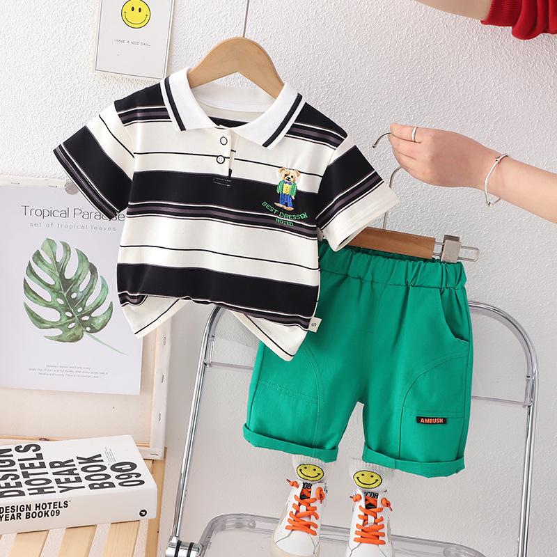 Boys' Summer 2026 Polo Shirt & Shorts Set: Striped Two-Piece for Toddlers and Kids