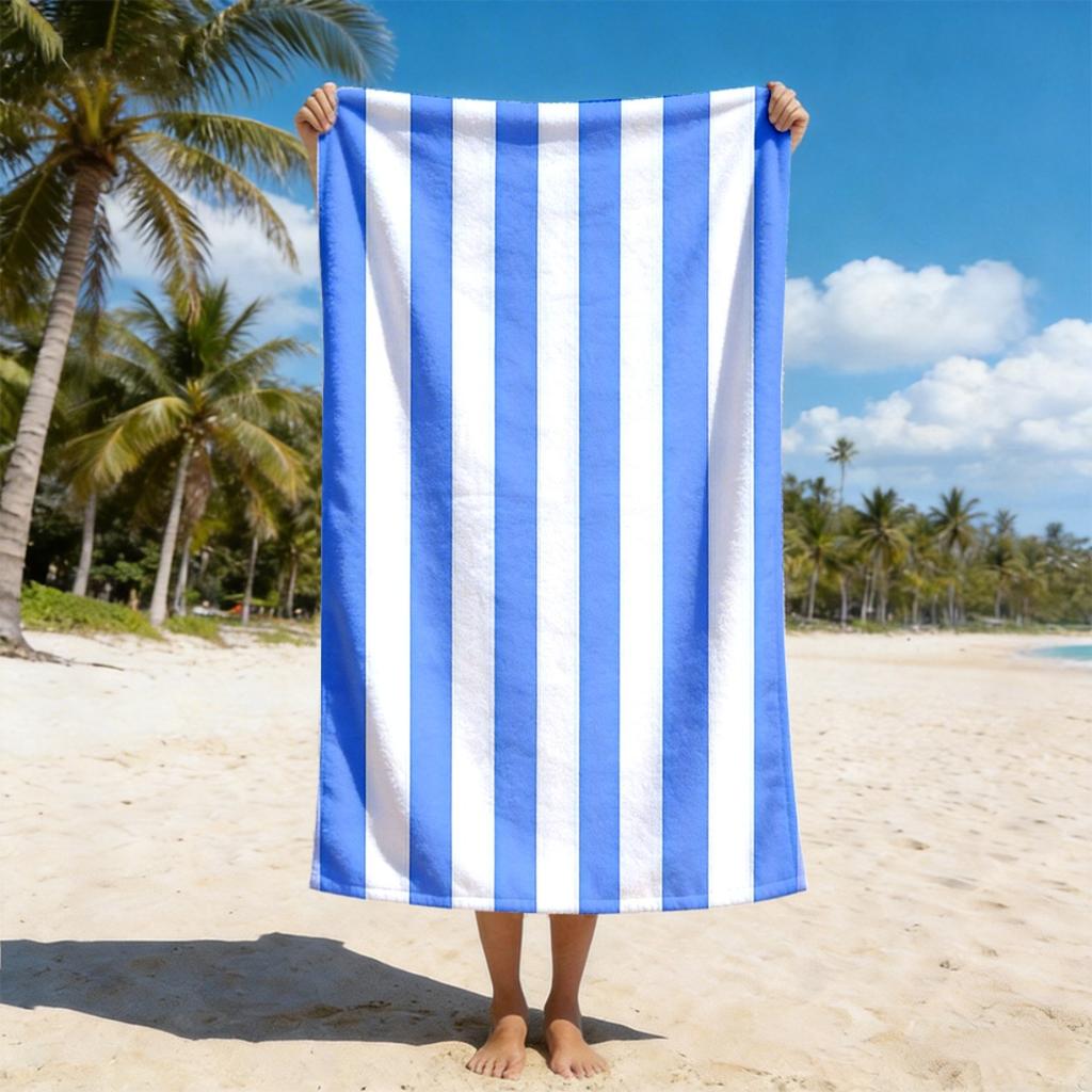 Blue White Stripes Soft Polyester Beach Towel, Lightweight Absorbent Quick-Dry for Camping Surfing