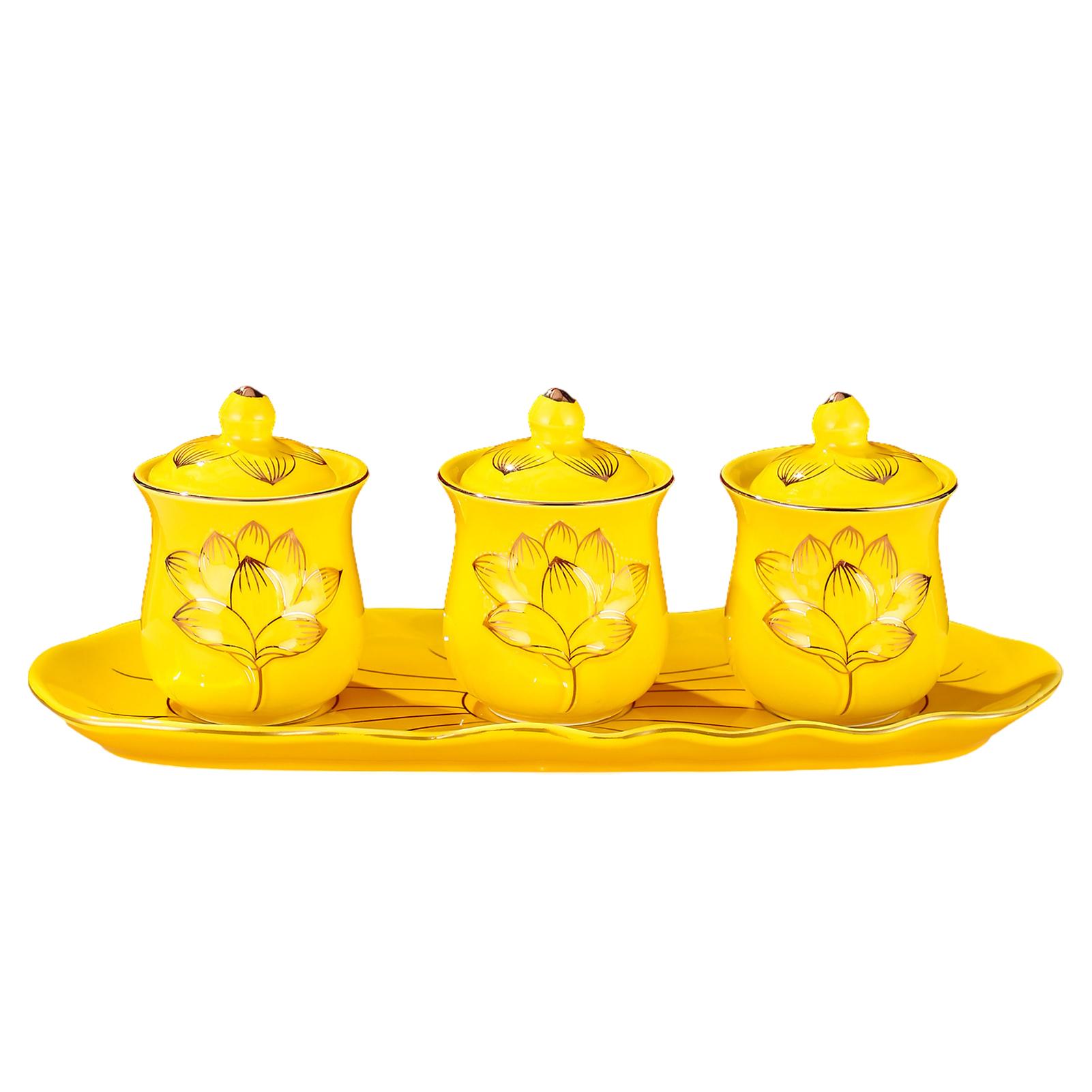 

3PCS Lotus Cup Relief Ceramic Tea Cup, Cup with Lid, Water Cup for Buddha, Wealth Attracting Tea Set, Coffee Table Decoration As Picture