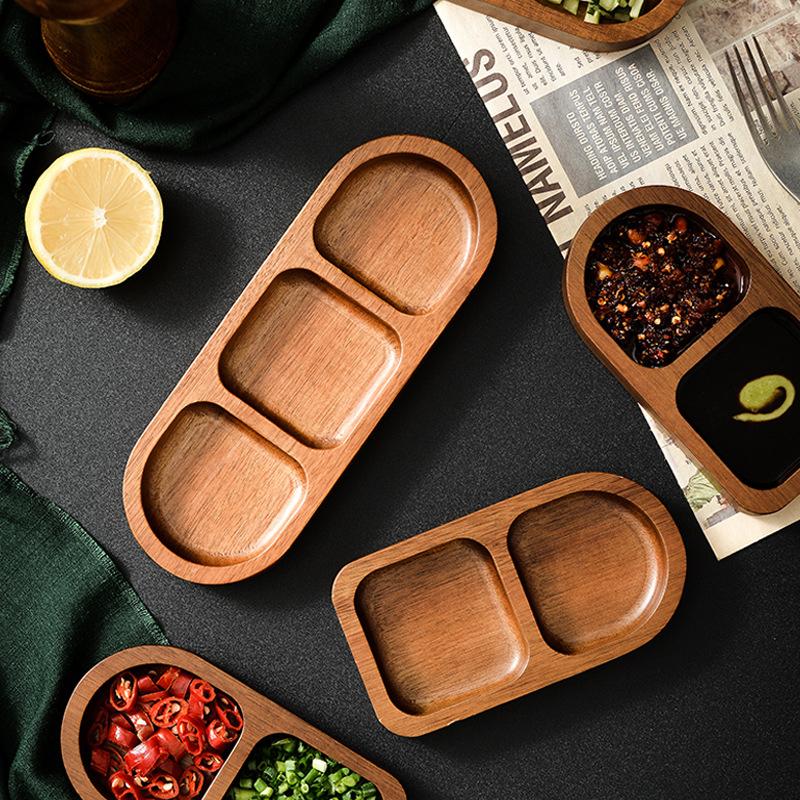 Tablett aus Massivholz 2/3/4 Fächer Gewürztablett Frühstück Essen Sushi Brot Dessert Saucen-Tablett Küche Abendessen Gewürztablett