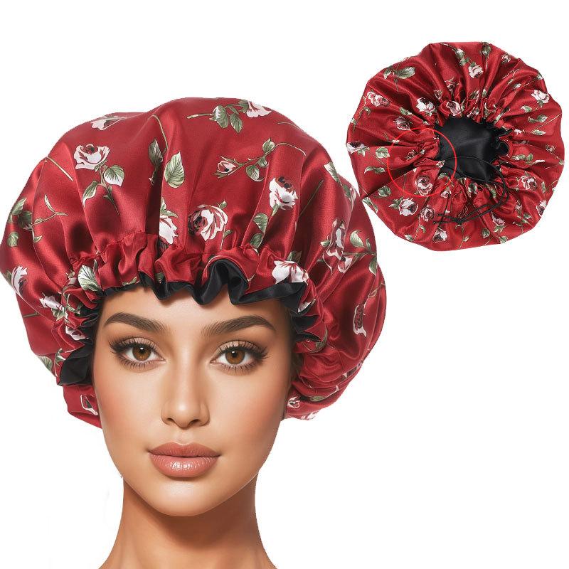 Floral Print Double Sided Satin Shower Cap Adjustable Silky Hair Bonnet for Women Bath Spa Swimming Hair Care