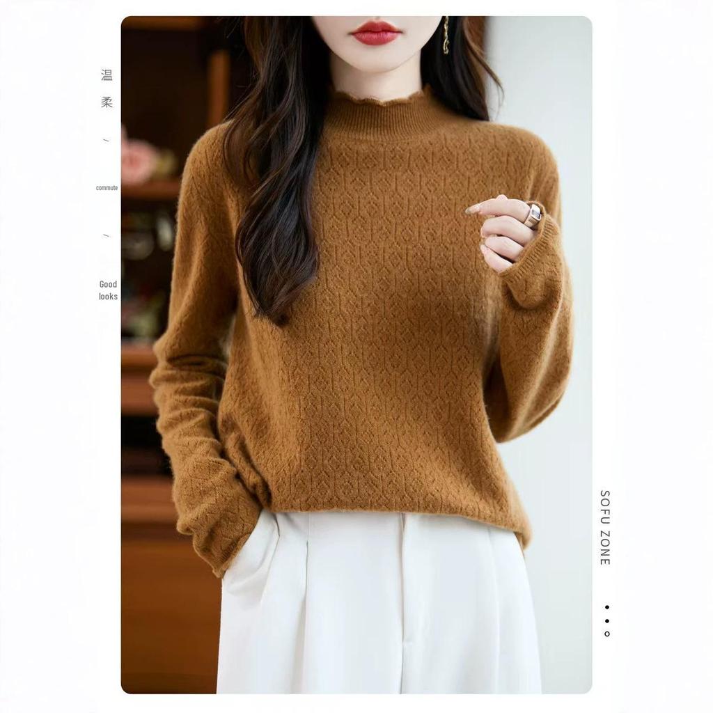 Women's Hollow-Out Seamless Wool Sweater: 100% Pure Wool High-Neck Pullover, Warm Soft Knitwear for Autumn and Winter.
