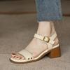 Women Sandals Summer Real Soft Leather Thick Heel Vintage Brown Sandals Women Cross One Line Strap High Heels Mary Jane Shoes