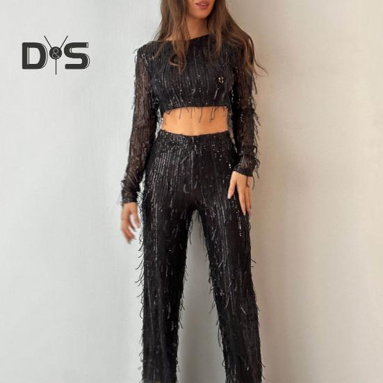 2Pcs/Set Women Tassel Sequin Party Outfit Set O Neck Long Sleeve Cropped Tops High Waist Wide Leg Long Pants Set