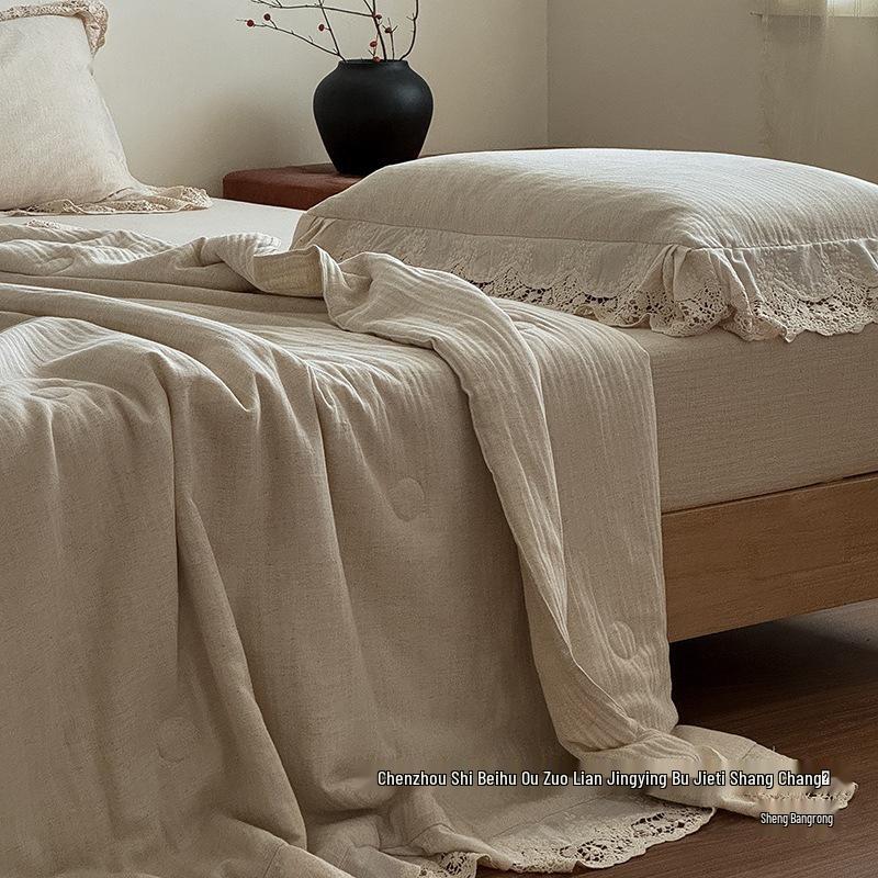 French Retro Cotton Linen Summer Quilt Set with Lace Trim - 4 Piece Girls' Elegant Cool Quilt Set