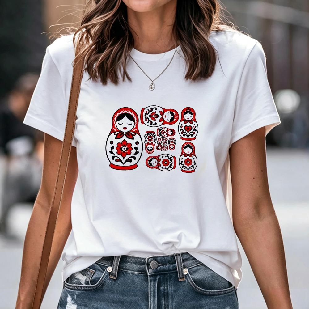 Unisex Tshirt Russian Folk Slavic Graphic Print Multiple Patterns Matryoshka Doll Letter Tee Casual Short Sleeve Cotton Tops