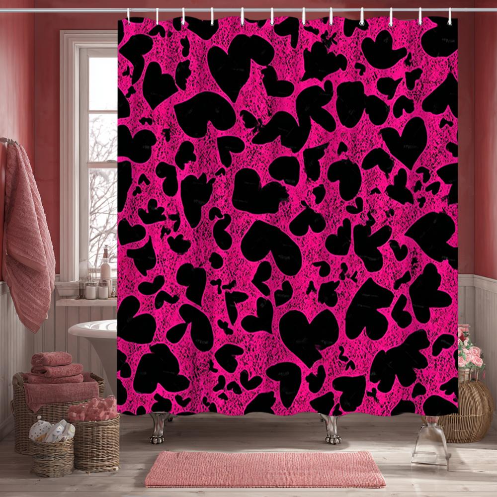 Bold Black Heart Shaped Shower Curtain On Pink Background Polyester Shower Curtain With Valentine Bathroom Decoration Hook