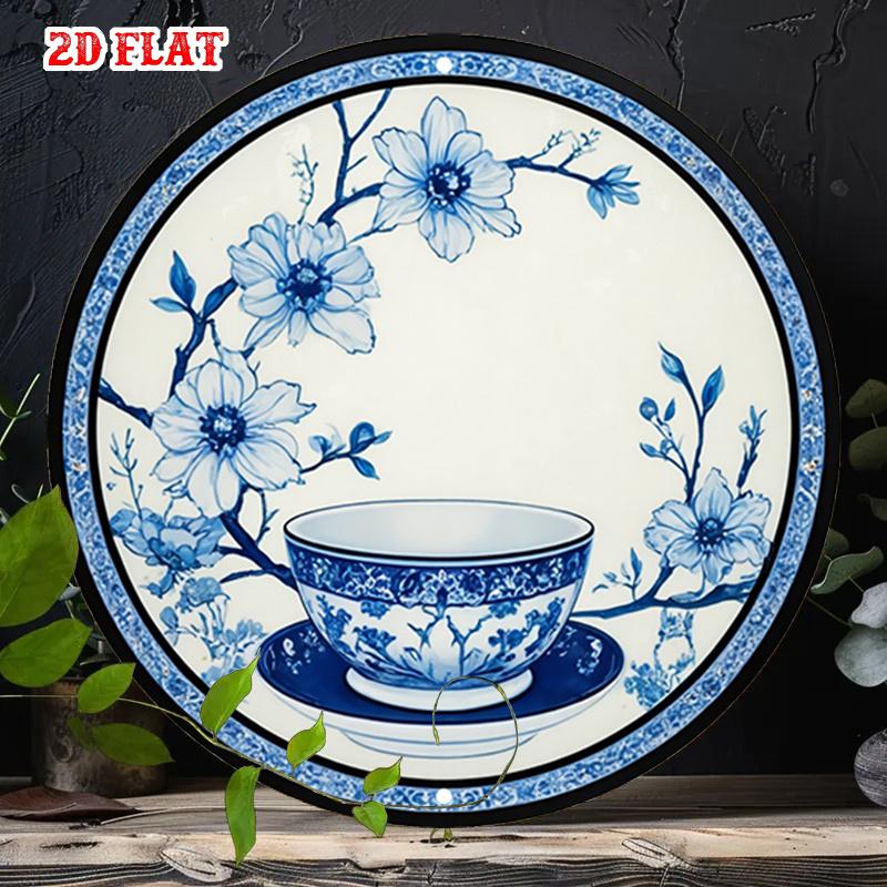 Blue and White Porcelain Tea Cup Floral Pattern HD Metal Wall Art Chinese Style Ceramic Vintage Round Tin Sign for Home Kitche