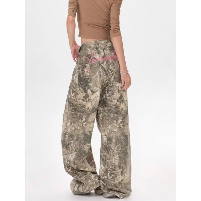 Vintage Washed Denim Pants With Embroidered Letter Camo Tree Print High-Waisted Wide-Leg Straight Cut Unisex Jeans