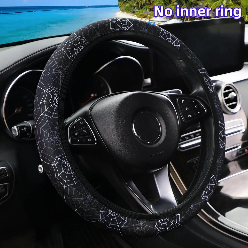 Flower Panda Spider Web Fabric Non-slip Car Steering Wheel Cover without Inner Ring Car Accessories Suitable for 14.5-15INCH