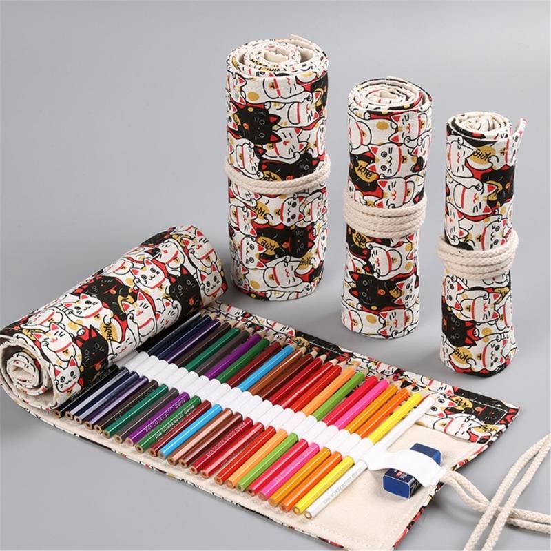 12/24/36/48 Holes Multifunctional Pencil Bag Canvas Pencil Case Lovely Animal Pencil Roll Canvas Pencil Wrap for Artists