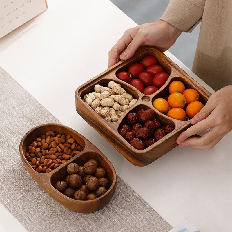 Cuenco de Frutas de Nogal Japonés con Compartimentos para Frutas Secas y Snacks