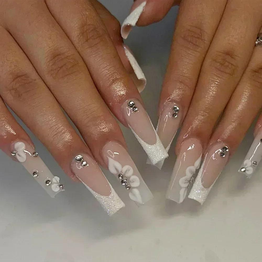 24Pcs French Ballet Heart Long Square Coffin False Nails With Glue Detachable Full Cover Press On Nails