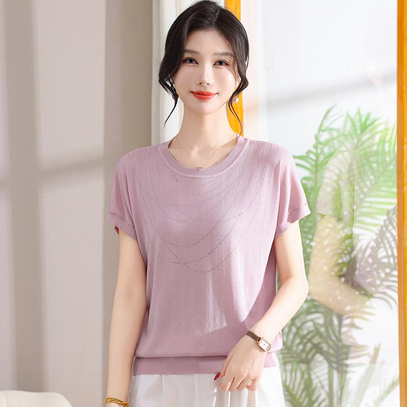 2026 Sommer-Eis seide Kurzarm Stricktop für Frauen mittleren Alters und ältere Frauen, Lockeres Plus-Size T-Shirt