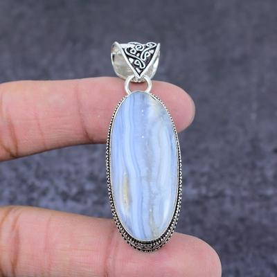 Pietră prețioasă Achat Dantelat Albastru Natural Pandantiv Handmade din Argint Sterling 925 2.40" A0W55