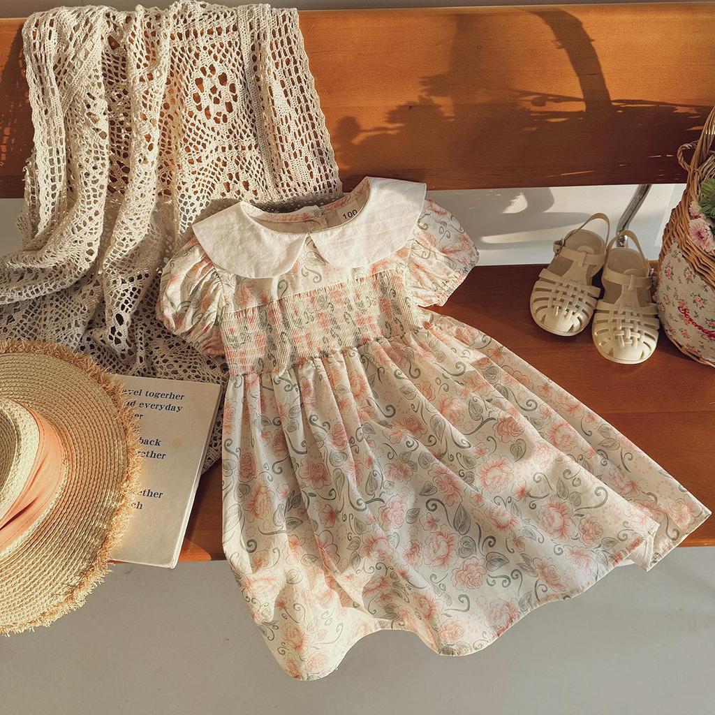 Handmade Floral Smocked Girl's Dress with Peter Pan Collar - Summer 2025 French Korean Style