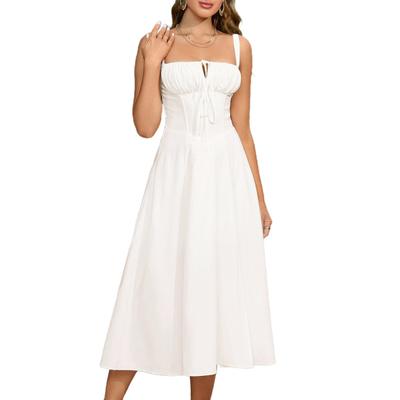 Women Sleeveless Dress Spaghetti Strap Square Neck Midi Dress Lace-Up Swing Long Dress Flowy A-Line Slit Sundress