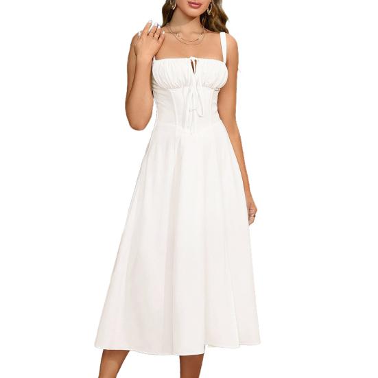 Women Sleeveless Dress Spaghetti Strap Square Neck Midi Dress Lace-Up Swing Long Dress Flowy A-Line