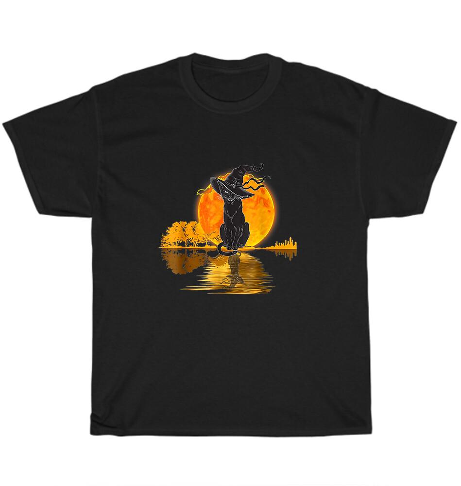 

Vintage Halloween Scary Black Cat Witch Hat Moon Witchy T-Shirt Unisex Tee Gift 2XL
