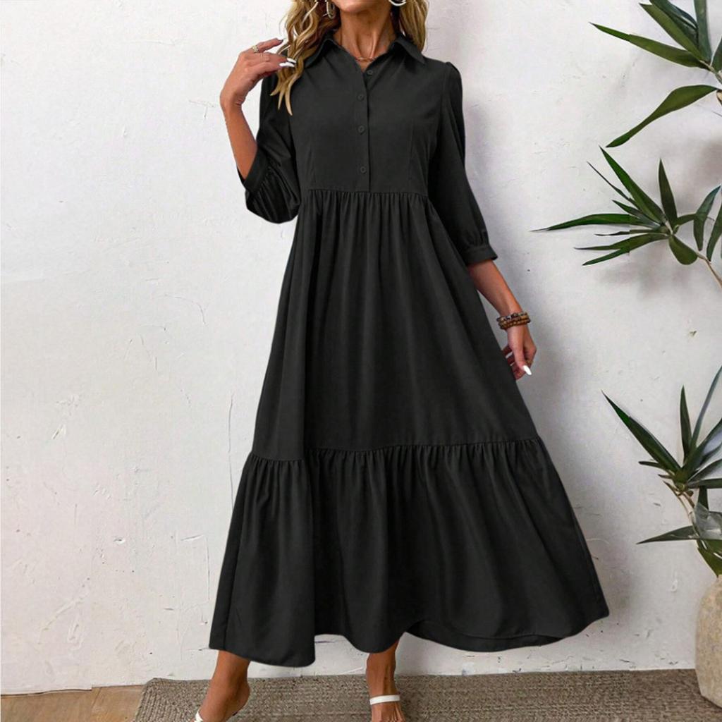 Fashionable Ladies Spring And Summer Solid Color Three-quarter Sleeve Casual Lapel Wide Swing Dress