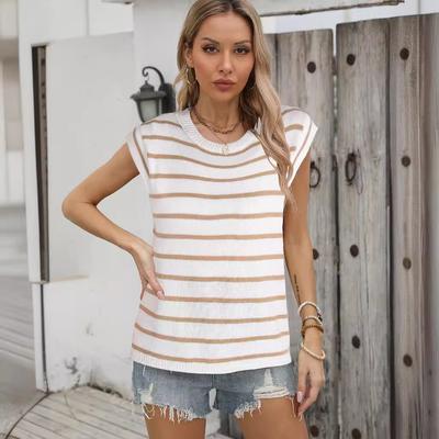 Autumn/winter Women's Crew Neck Pullover Knitted Loose Striped Short-sleeved Sweater