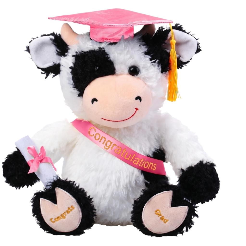 Plush Graduation Cow Toy Soft Stuffed Animal with Graduation Cap and Sash Holding Diploma for Graduation Celebration Gift
