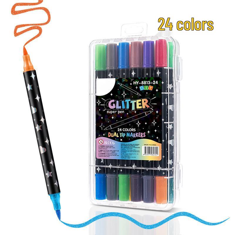 Dual-Tip Glitter Fluorescent Watercolor Marker Pen Set