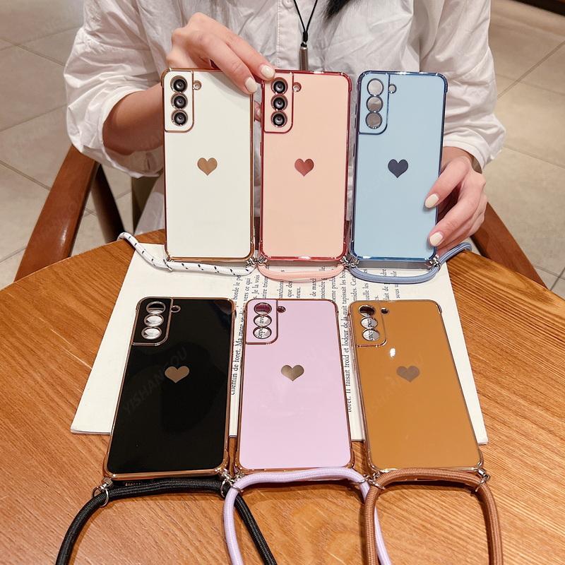 Crossbody Strap Cord Phone Case For Samsung Galaxy S25 S23 S24 Ultra S24 FE A35 A15 A16 A55 A54 5G Plating Heart Lanyard Cover
