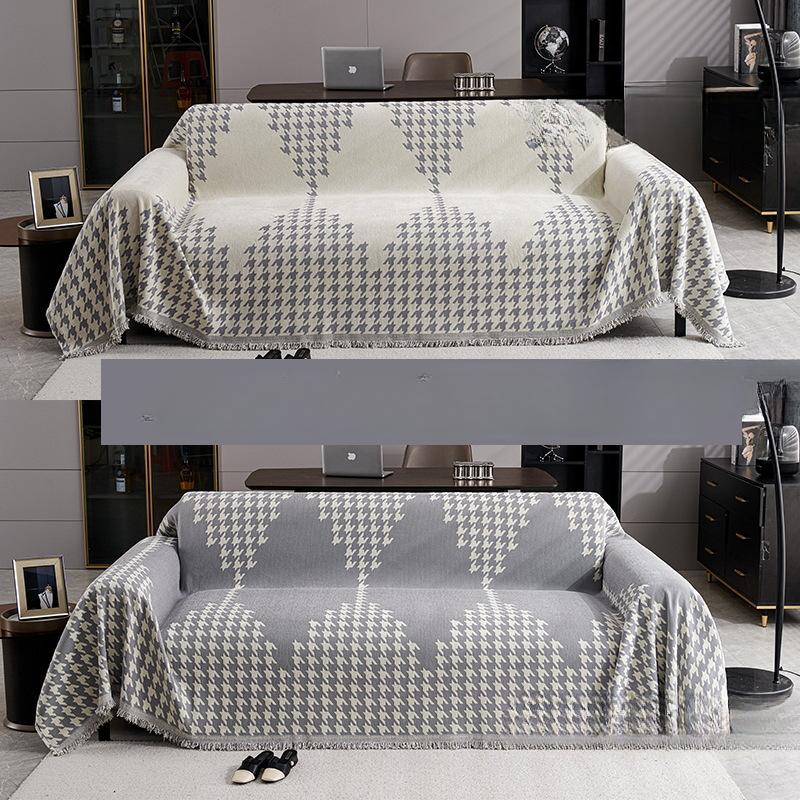 New Houndstooth Chenille Double-sided Sofa Towel, Universal for All Seasons, Exquisite Tassel Lace Sofa Cushion Cover Towel, Non-slip Cushion