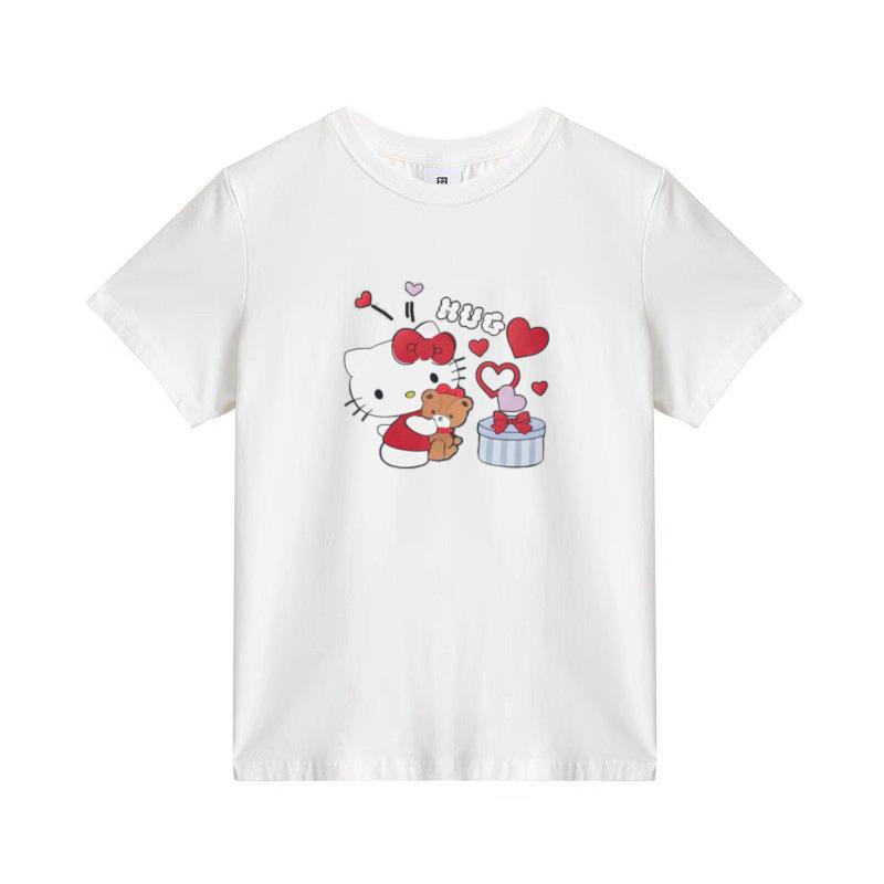 New White Gray Round Neck Front Shoulder Short Sleeve T-shirt Women's American Cartoon Kt Cat Print Pure Cotton Summer Top