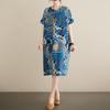 Sommer Baumwolle Hanf Retro Künstlerisch Knielanges Kleid für Damen