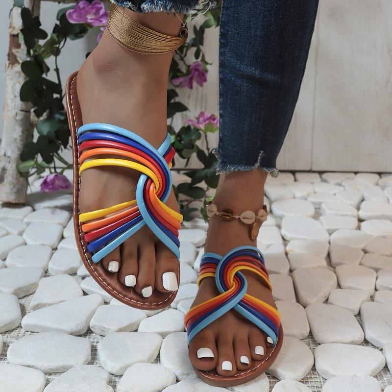 Large size flat-bottomed slippers, new color matching round head open-toed slippers, casual beach sandals
