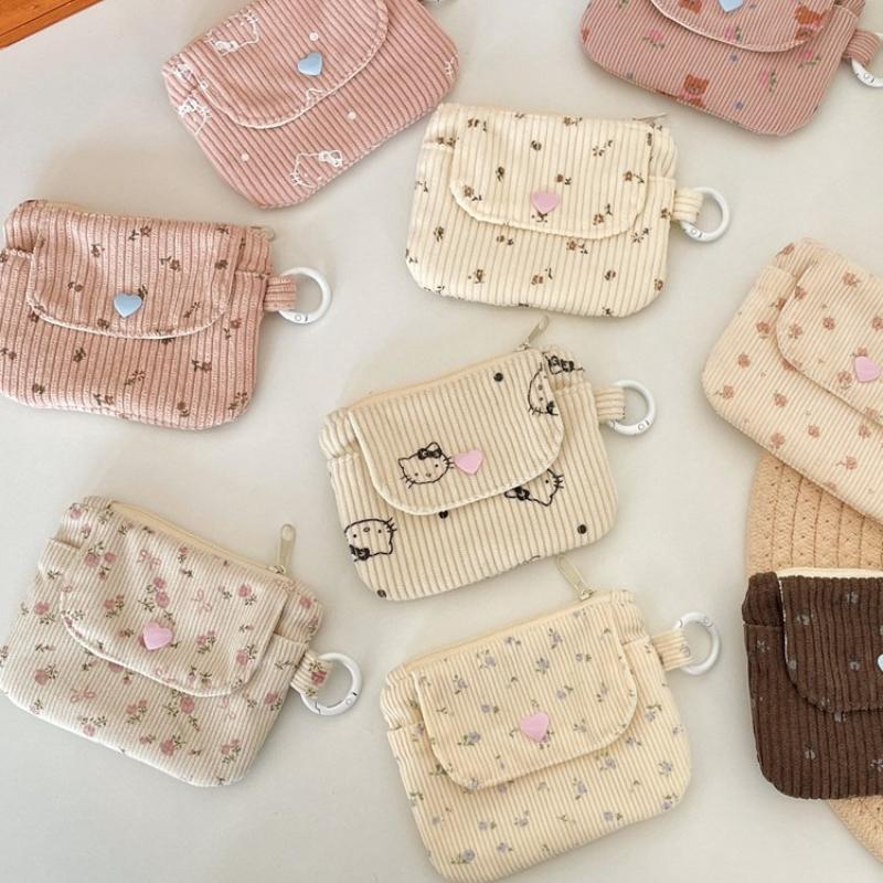 New Flower Dot Bow Print Color Coin Purse Square Hasp Zipper Corduroy Money Card Lipstick Wallet Portable Mini Card Holder Wallet