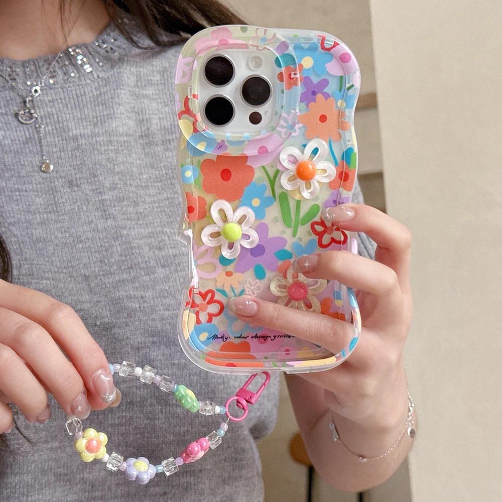 Bead Bracelet Chain Phone Case For iPhone 16 17 15 14 13 11 12 Pro Max Plus 3D Flower Bracket Holder Stand Lanyard Cover