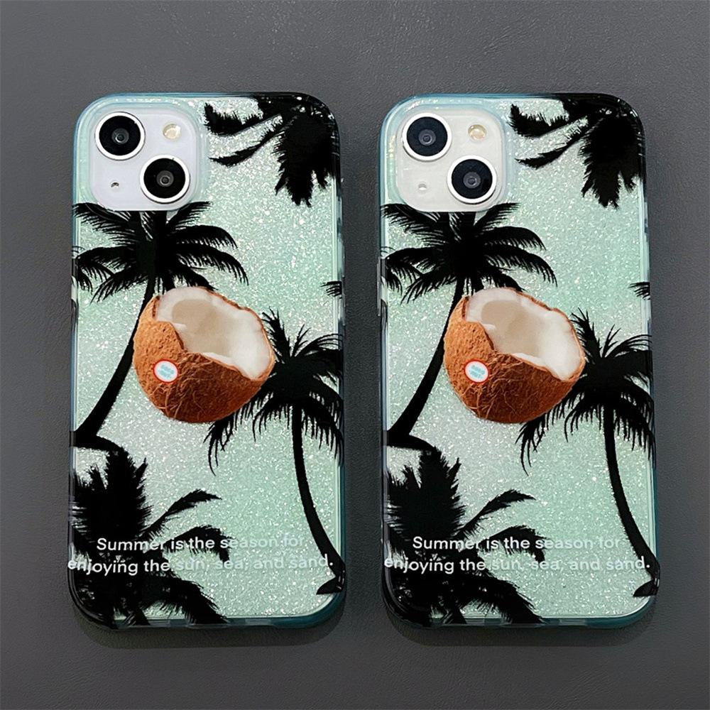 

Чехол для iPhone 11/12/13Pro Max, 15Pro с зелеными блестками и изображением кокосовой пальмы. iPhone12promax