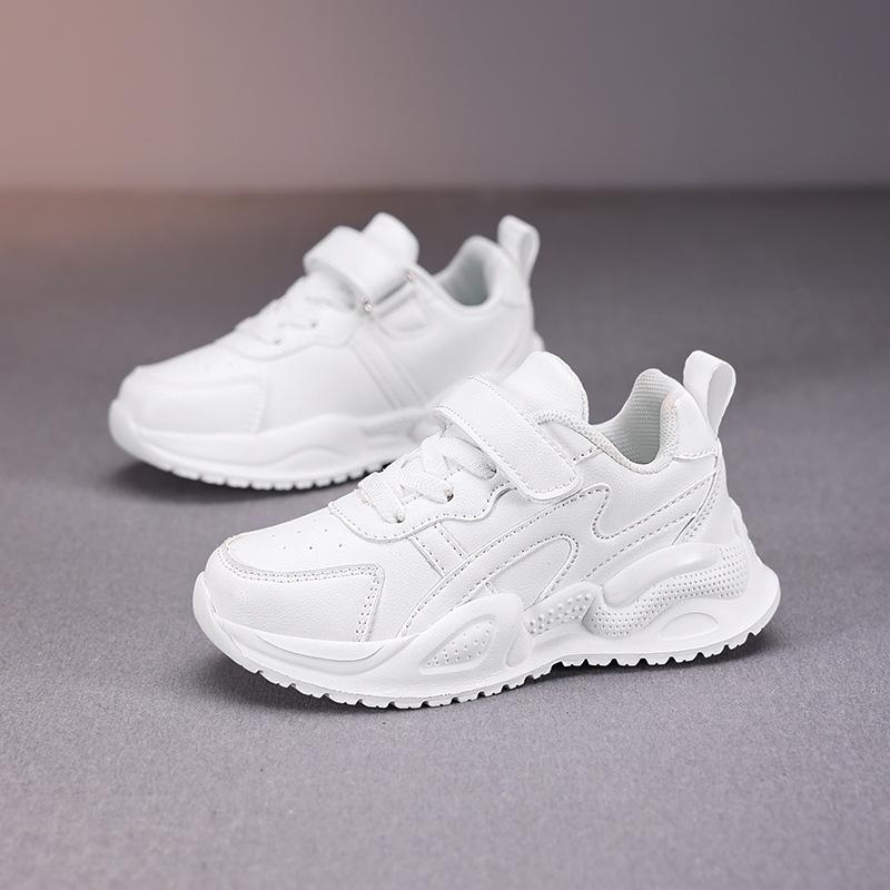 Kids' White Sports Shoes - Waterproof Leather Surface, Unisex Casual Running Sneakers