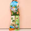 Hawaii Vacation Set Women Short Sleeve Lapel Top Colorful Print Shirt Pants Outfit 2 Pcs