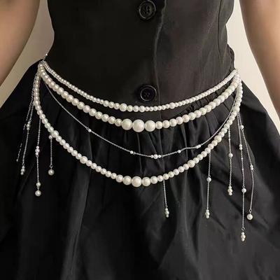 Damen Taillenkette Mehrlagig Kunstperlen Quasten-Design Gürtelkette Jeans Röcke Kleider Vielseitiges Accessoire