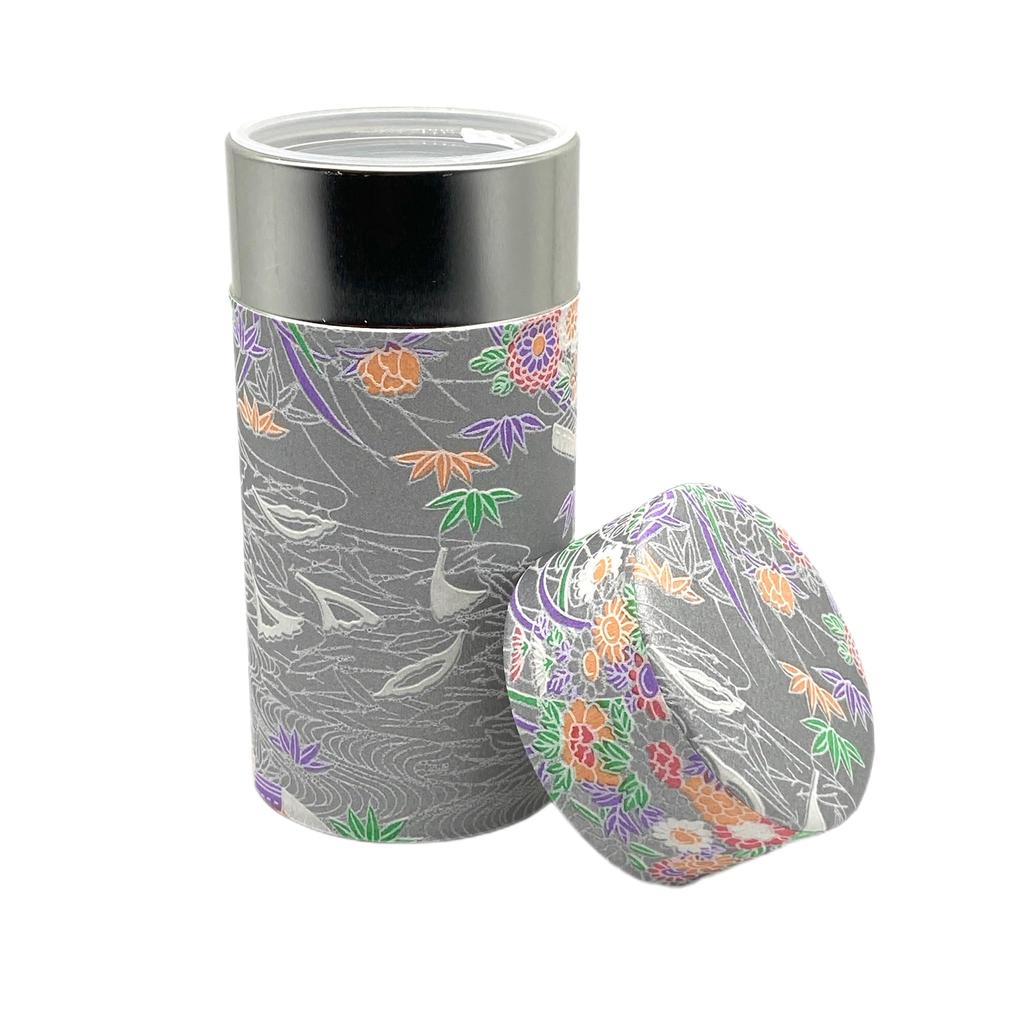 Noguchi Kumataro Tea Garden Tea Caddy, Large Capacity 200g, with Washi Paper and Inner Lid, Waterside Flower Design, Silver, Made in Japan, Stylish