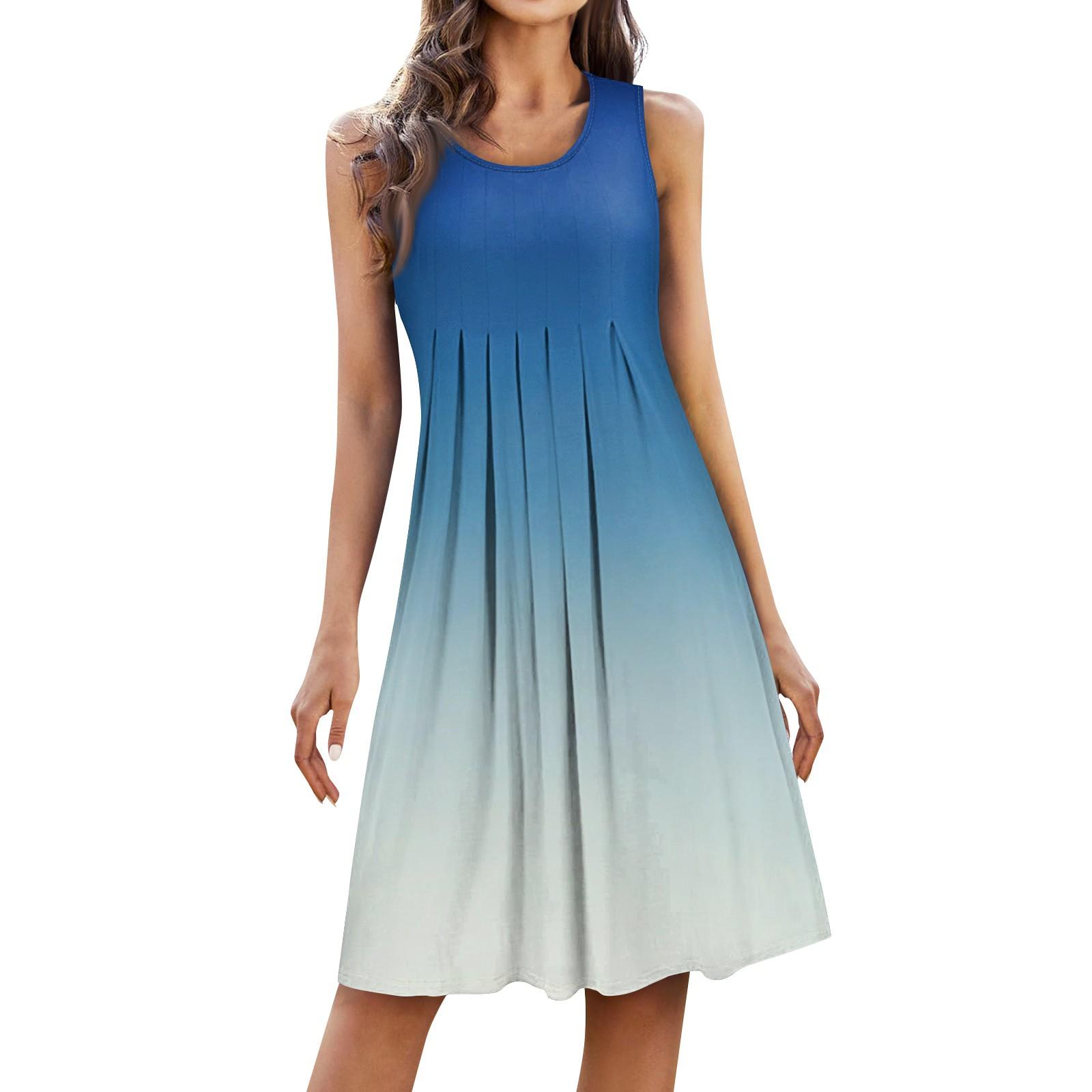 

Женская мода повседневное плиссированное платье с короткой юбкой без рукавов с круглым вырезом и принтом L синий