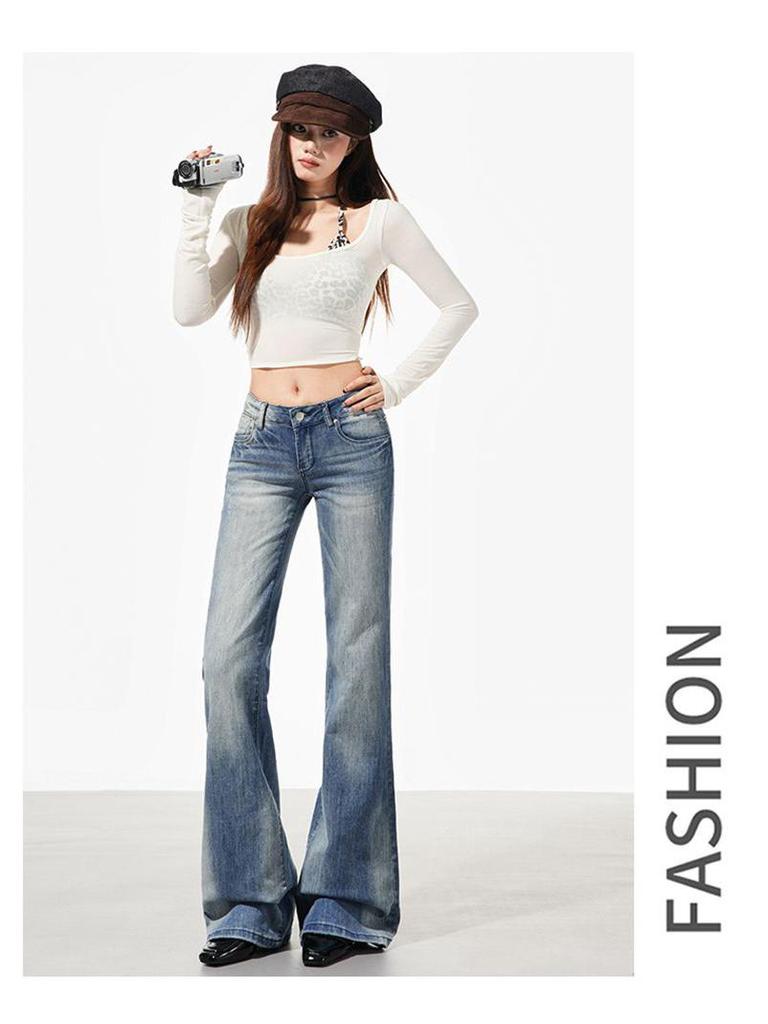 2026 Spring Women's High-Waisted Embroidered Micro-Flare Jeans In American Retro Blue.