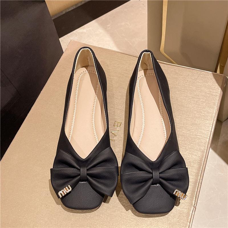 

Женские туфли-лодочки на плоской подошве, весна 2025, новая модель, квадратный носок, бант, удобные, плоские, ленивые туфли-дуду 36 чёрный