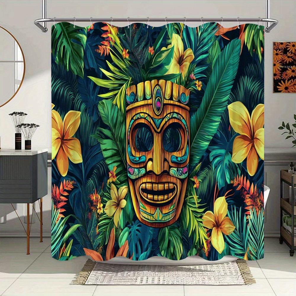

Tropical Tiki Mask With Vibrant Flowers Waterproof Shower Curtain For Modern Bathroom Decor, Durable, Perfect For Home Use W60H190(CM)-1 Pcs
