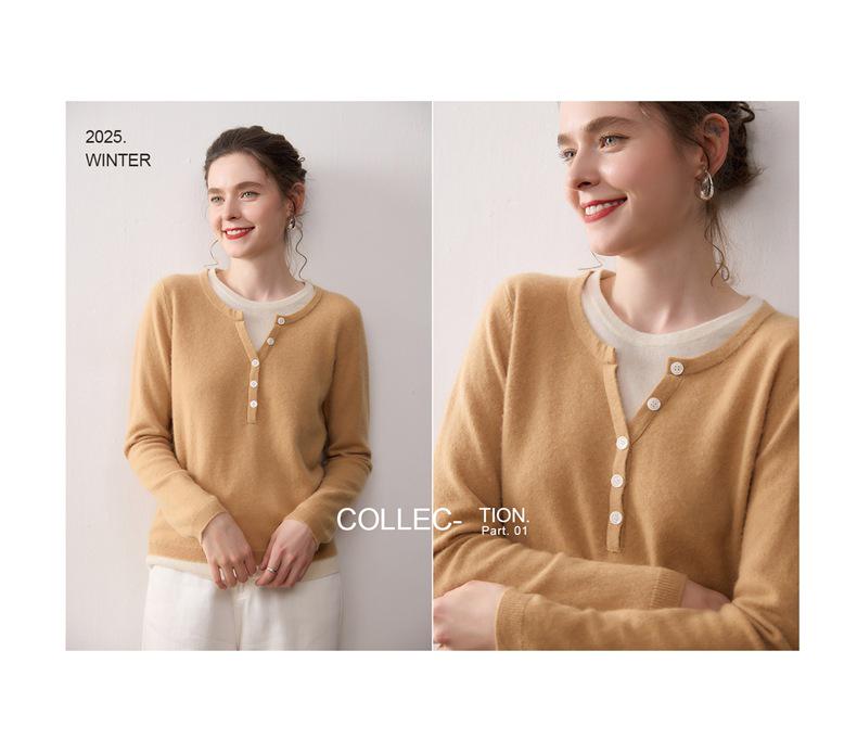Women's Color Block Cashmere Sweater - 2025 Autumn/Winter Collection - Half-Open Round Neck Pullover