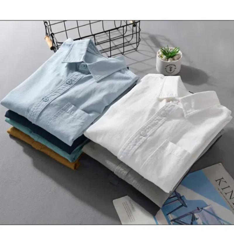 Koszule z długim rękawem na wiosnę i lato dla mężczyzn Codzienny jednolity kolor Casual Top Kołnierz z klapami 100 bawełny Guziki Koszula Prosty styl Odzież męska