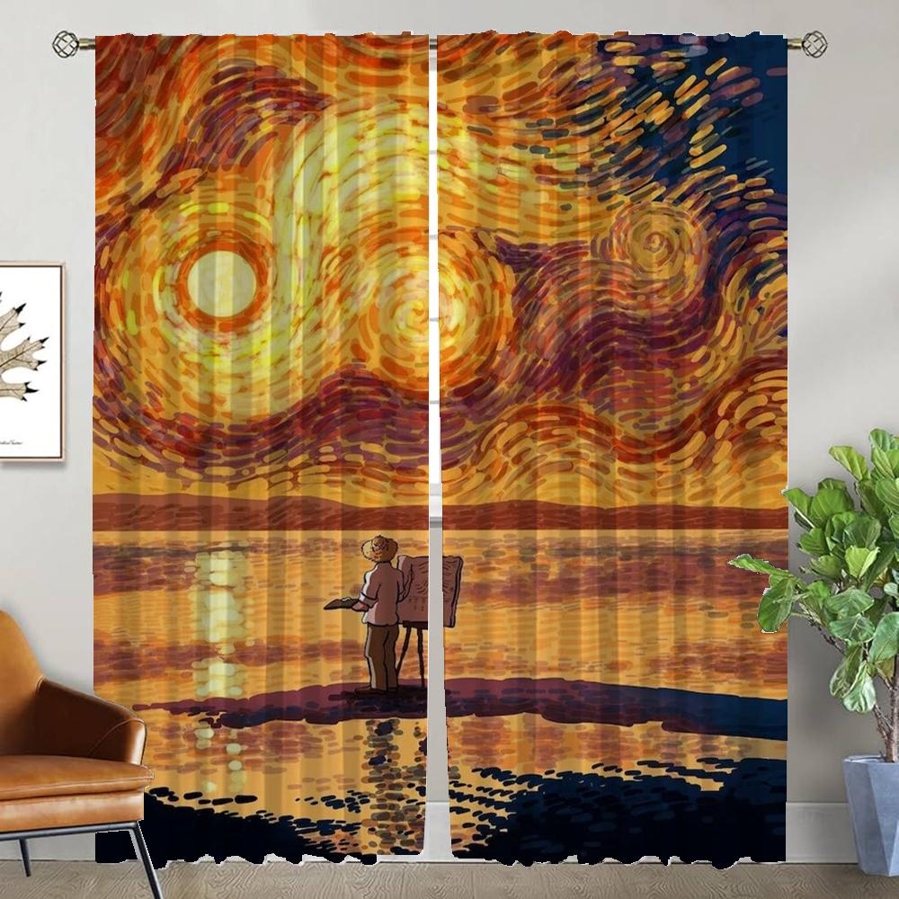 Elegant Room Curtains 2 Pieces Van Gogh Curtains for Bedroom Shades Partition Halloween Decoration Window Curtain Living Kitchen