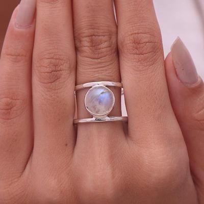 Rainbow Moonstone Round Gemstone Ring, Handmade Designer Ring, Statement Ring, 925 Sterling Silver, Birthstone Ring